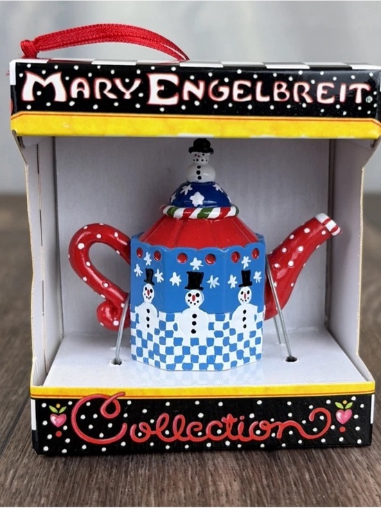 Mary Engelbreit Other - Mary Engelbreit Mini Decorative Snowman Polka Dot Checkered Teapot NIB Ornament
